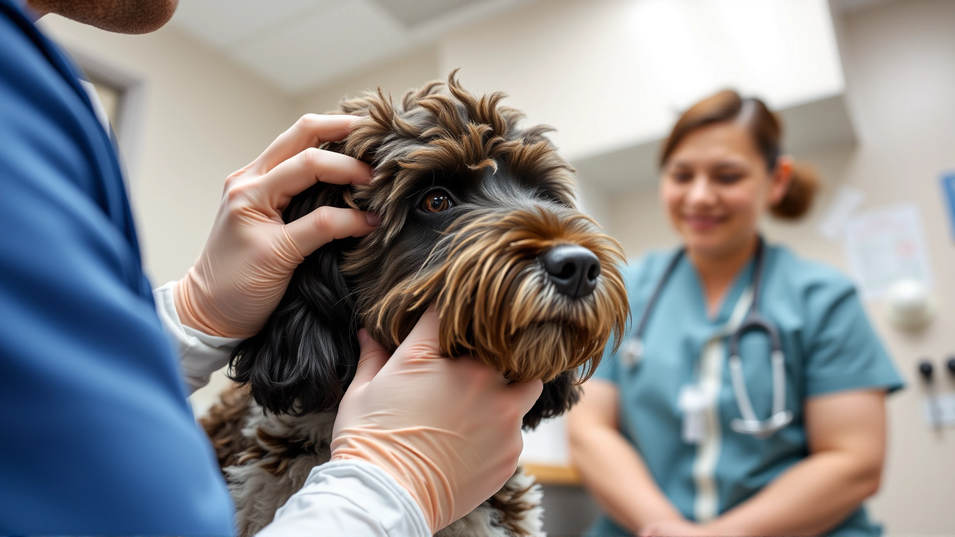 A veterinarian examining an Irish Doodle’s ears during a routine wellness visit in a modern clinic.