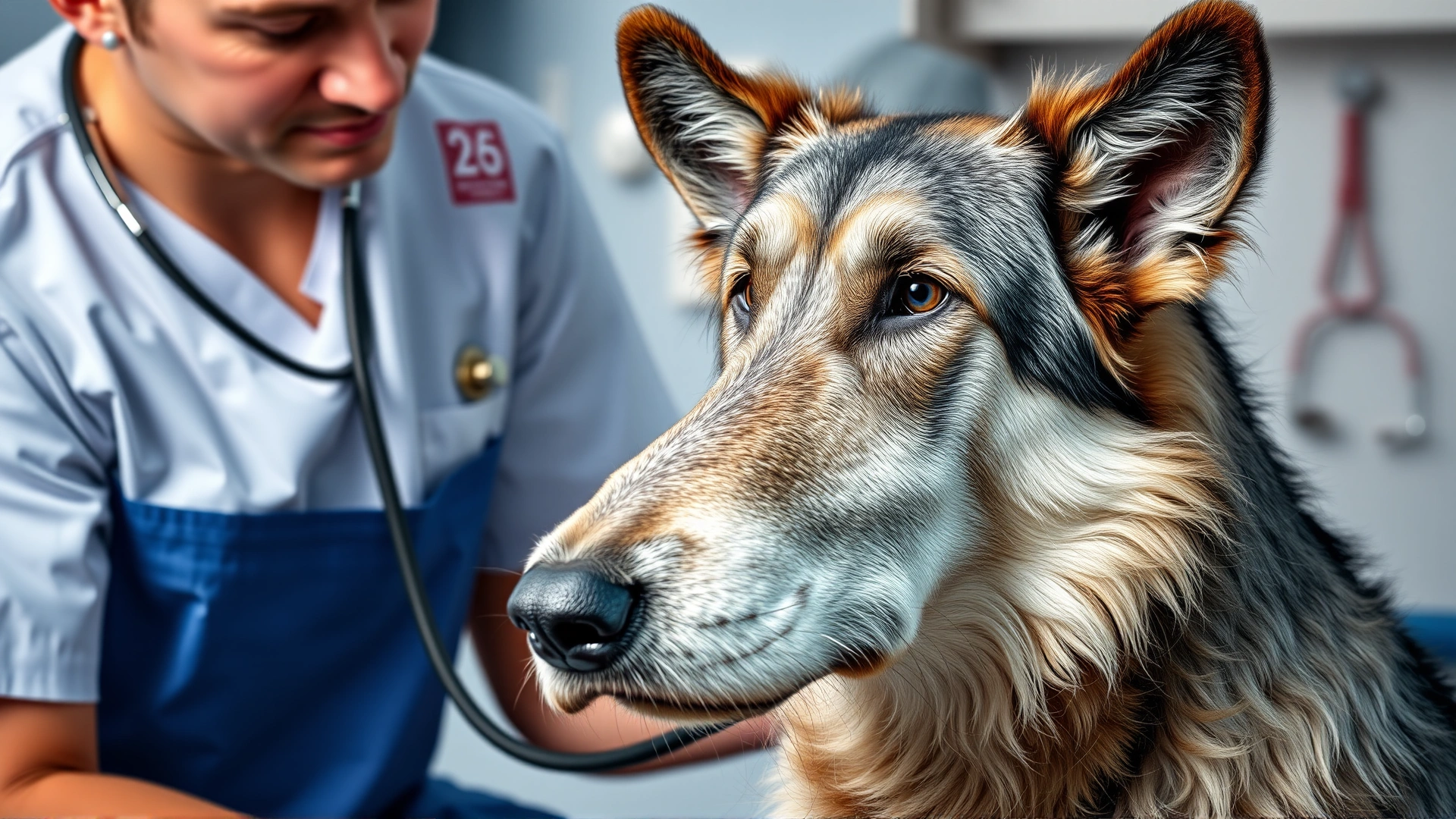 Veterinarian in clinic gently auscultating Irish Wolfhound with stethoscope, calm expression on dog's face, no text