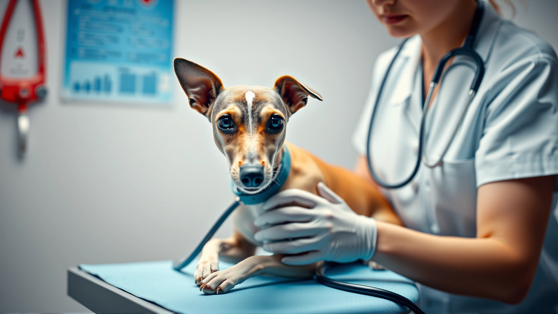 Veterinarian examining an Italian Greyhound on a clinic table with stethoscope visible, bright clinical lighting