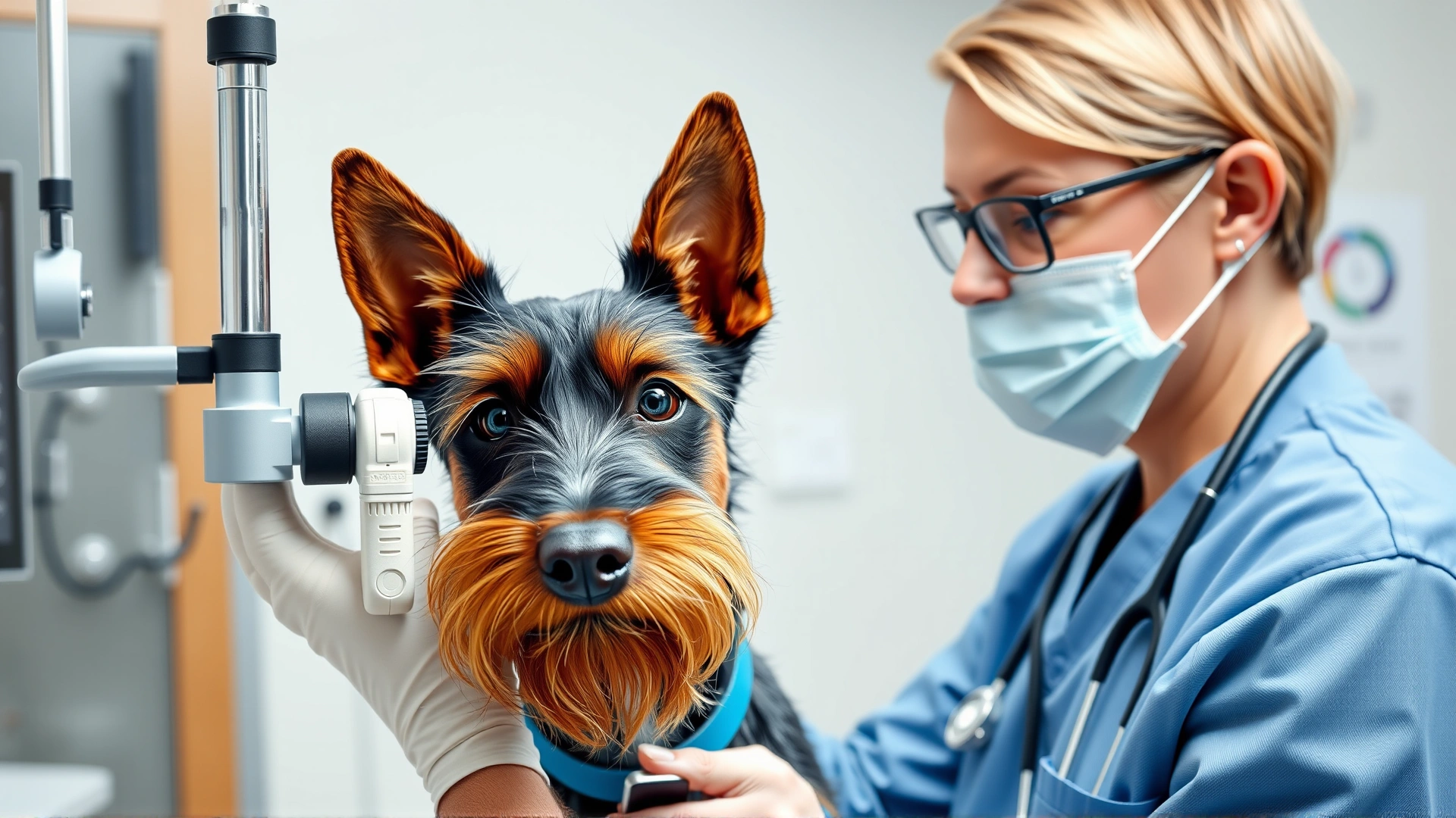 A veterinarian examining a Jagdterrier's eyes and ears in a modern vet clinic, highlighting routine health screenings.