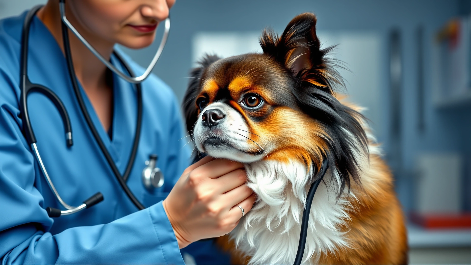 Veterinarian examining a Japanese Chin with a stethoscope in a clean clinic environment