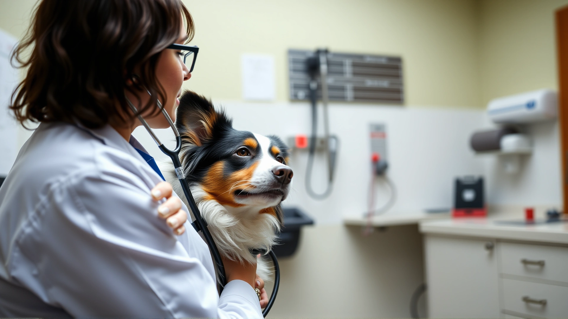 Veterinarian in a clinic exam room using a stethoscope to listen to an Australian Shepherd’s chest, dog looking calm.