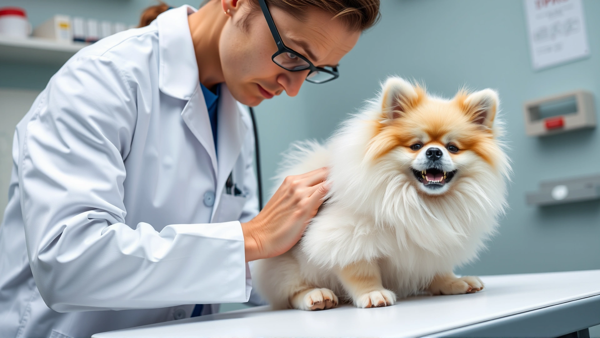 Veterinarian in white coat gently examining a Japanese Spitz's ear on an exam table, clinical background