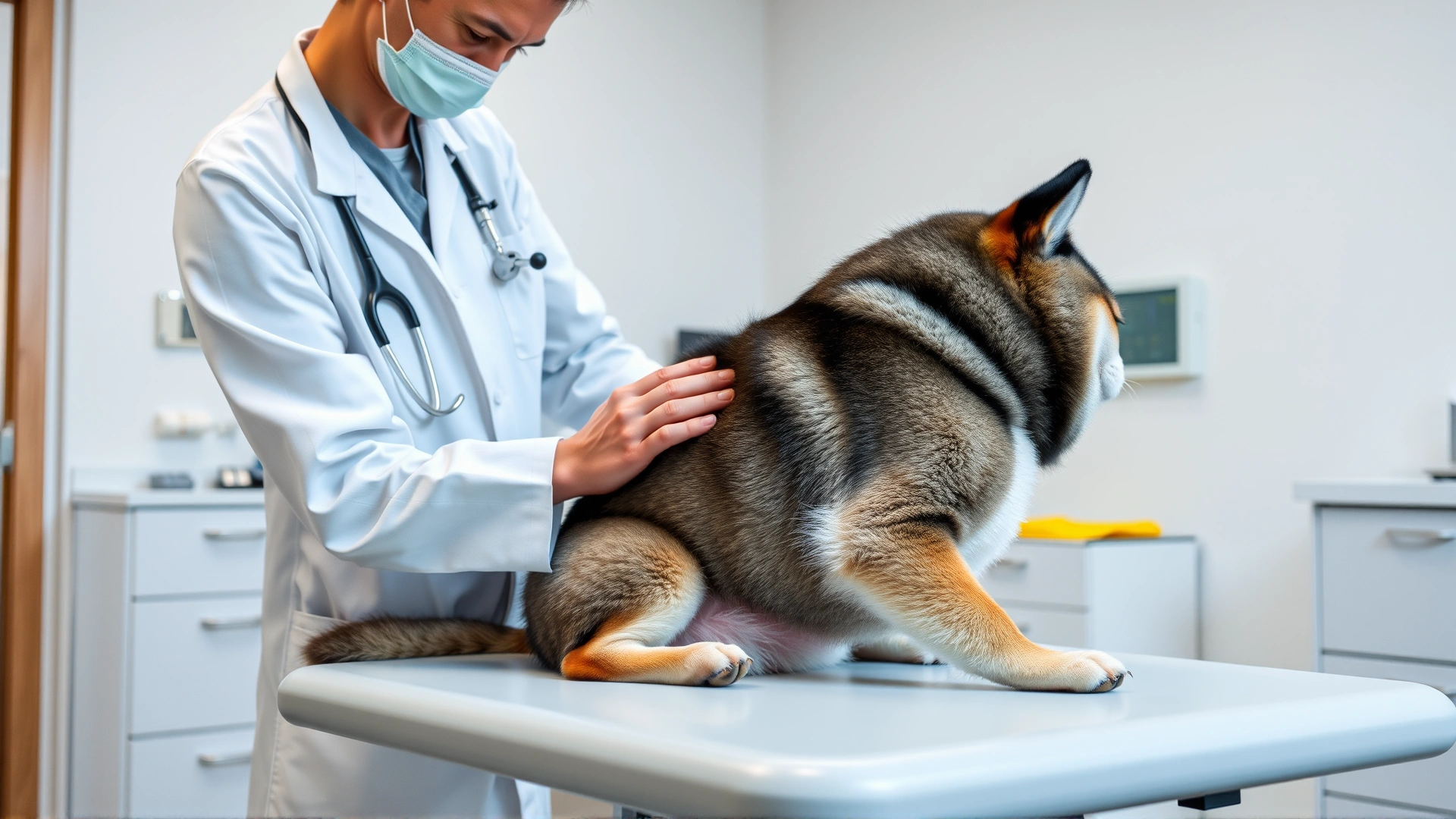 Veterinarian gently examining the hips of a calm Kishu Ken on an examination table in a bright modern veterinary clinic