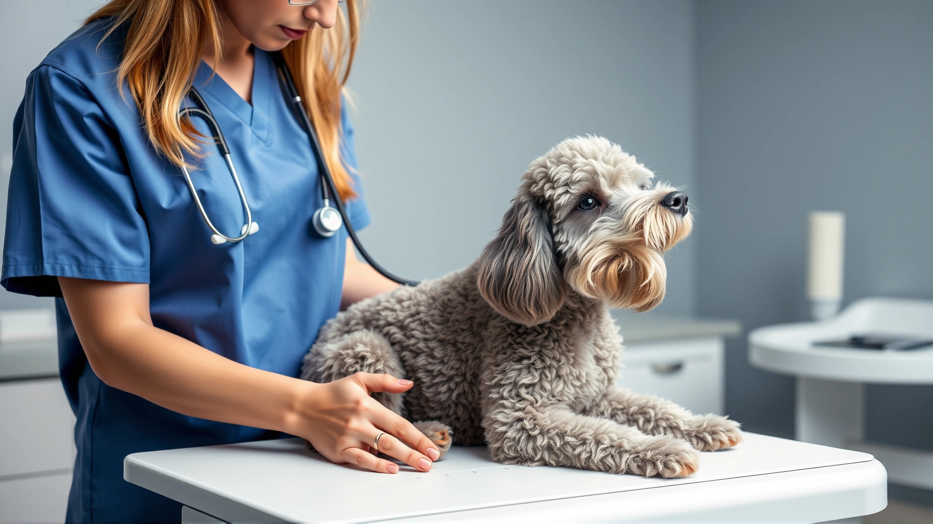Veterinarian gently examining a Lagotto Romagnolo on an exam table, stethoscope and calm clinic background.