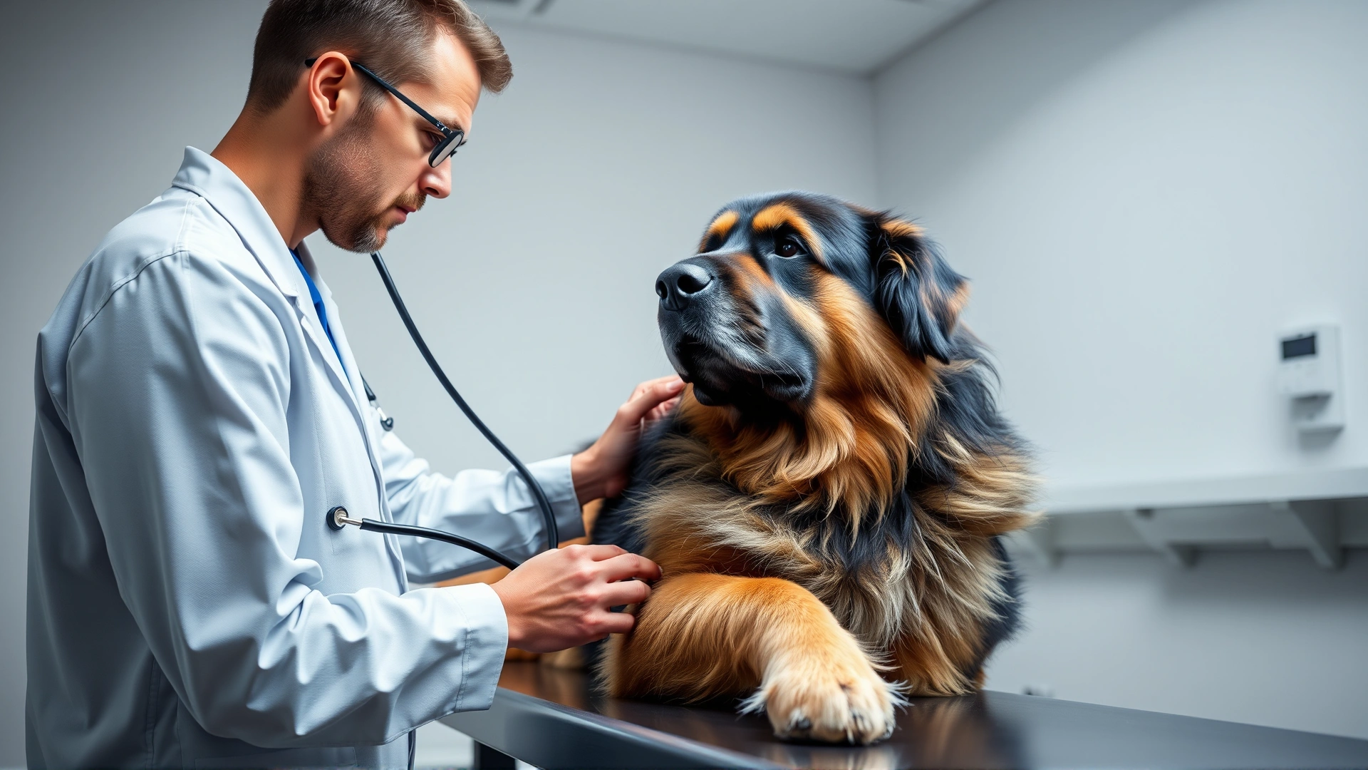 Veterinarian examining a Leonberger on a clinic table, stethoscope visible, gentle interaction, bright clinical environment