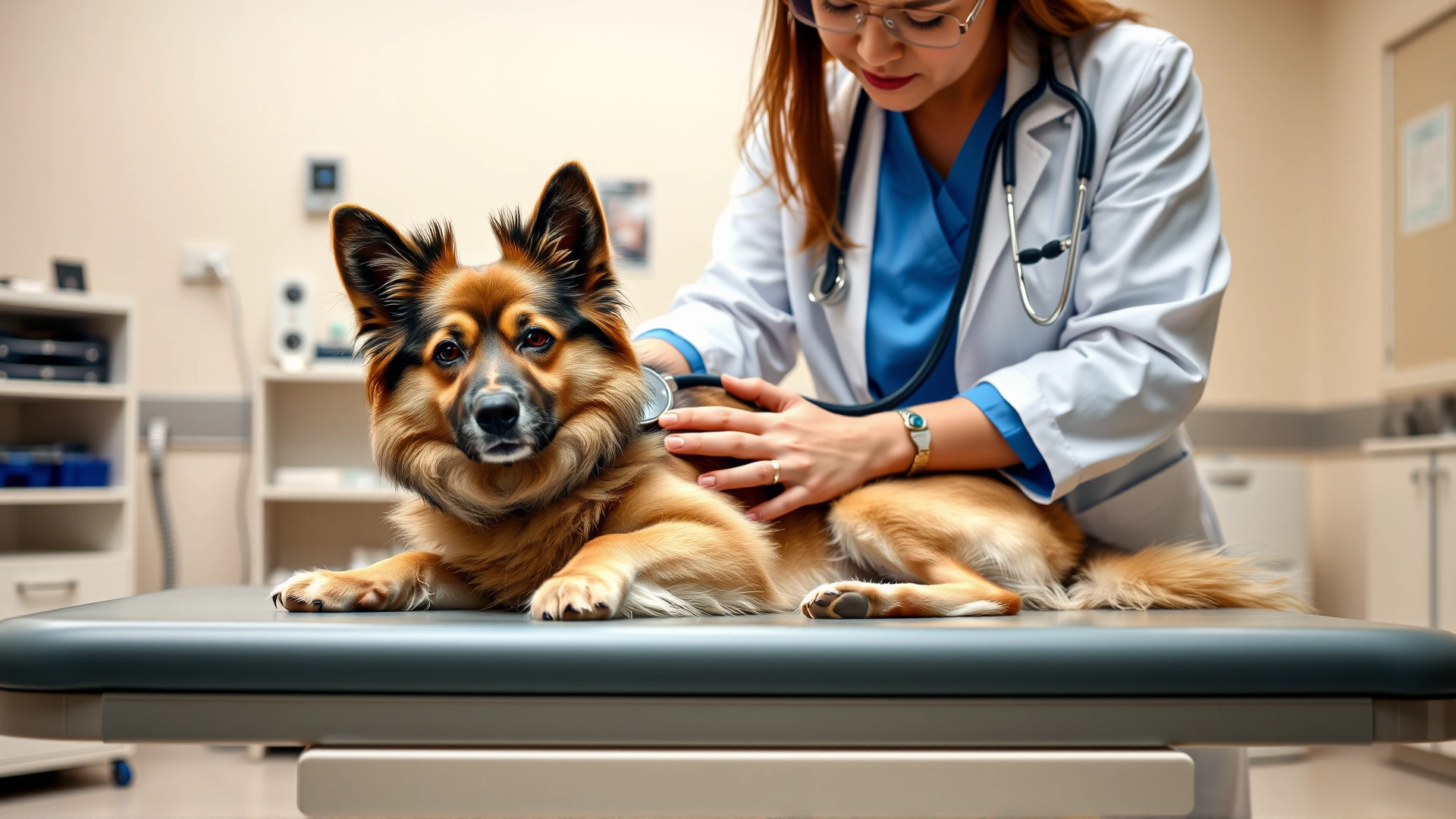 Veterinarian examining a Malshi dog on a clinic exam table; stethoscope and medical equipment visible; bright, clean interior