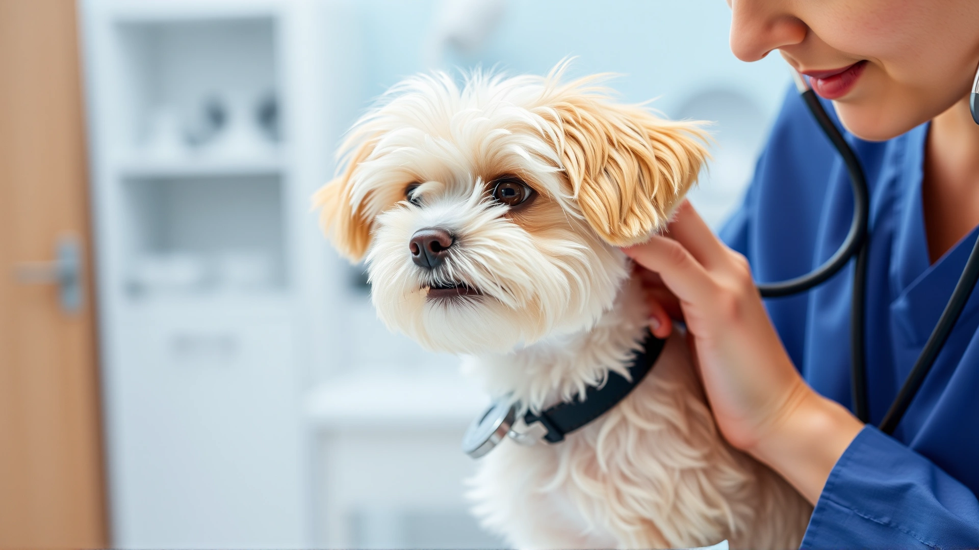 Veterinarian gently examining a Maltipoo’s ears in a modern clinic, stethoscope visible, calm atmosphere