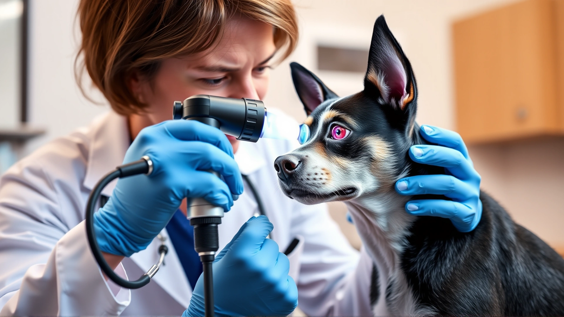 Veterinarian in white coat examining a Manchester Terrier's eyes with an ophthalmoscope in a bright clinic exam room.