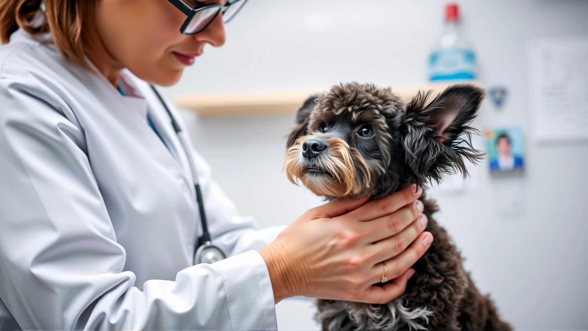 Veterinarian examining a Miniature Poodle’s ears in a clean clinic setting, emphasizing regular health care.