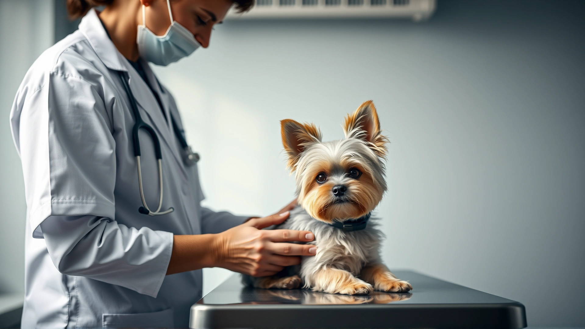 Veterinarian examining a calm Morkie on a clinic table, clean clinical environment, soft lighting