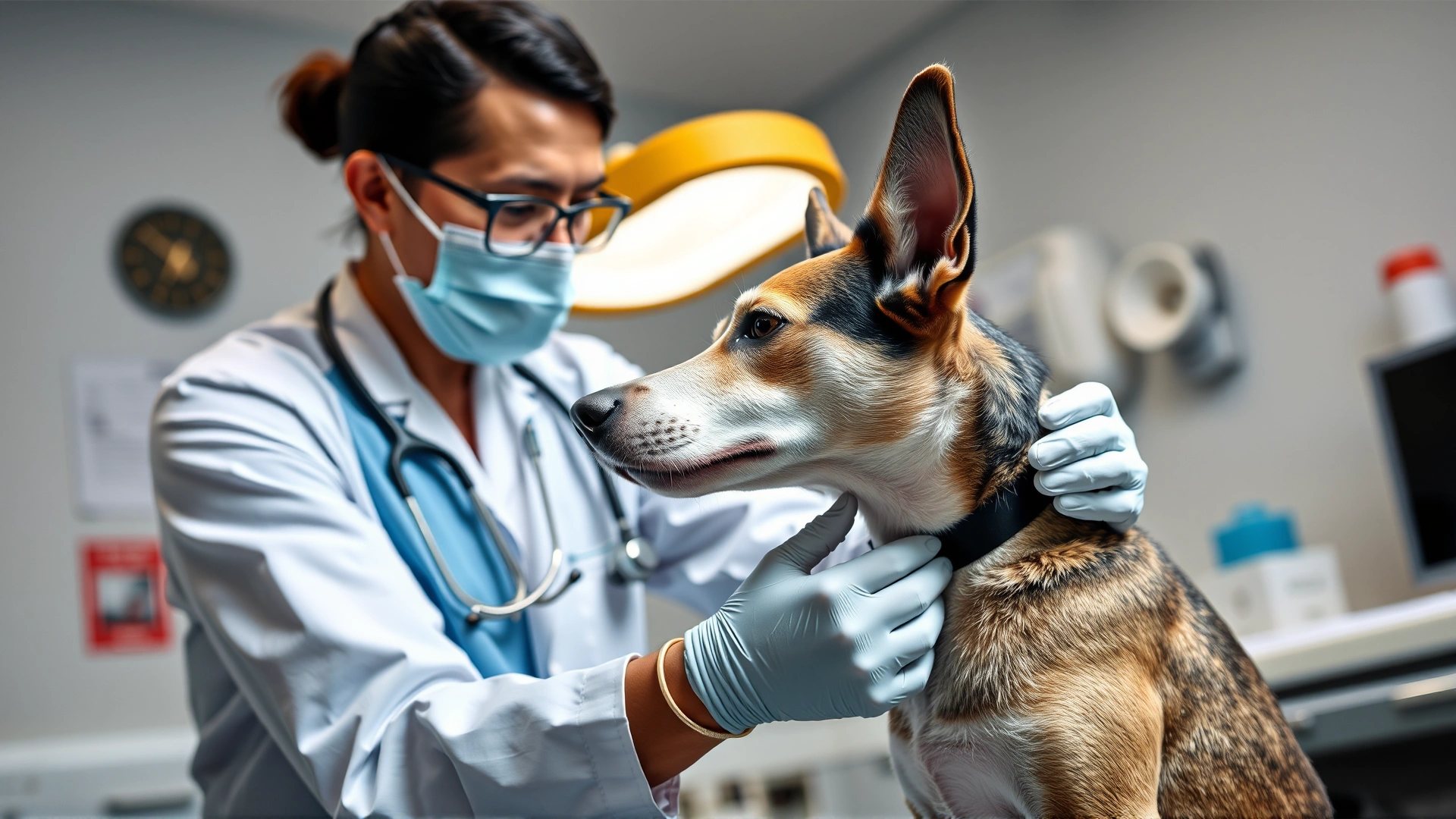Veterinarian in clinic gently examining a Mountain Cur’s ears on an exam table, professional setting, bright and clean environment