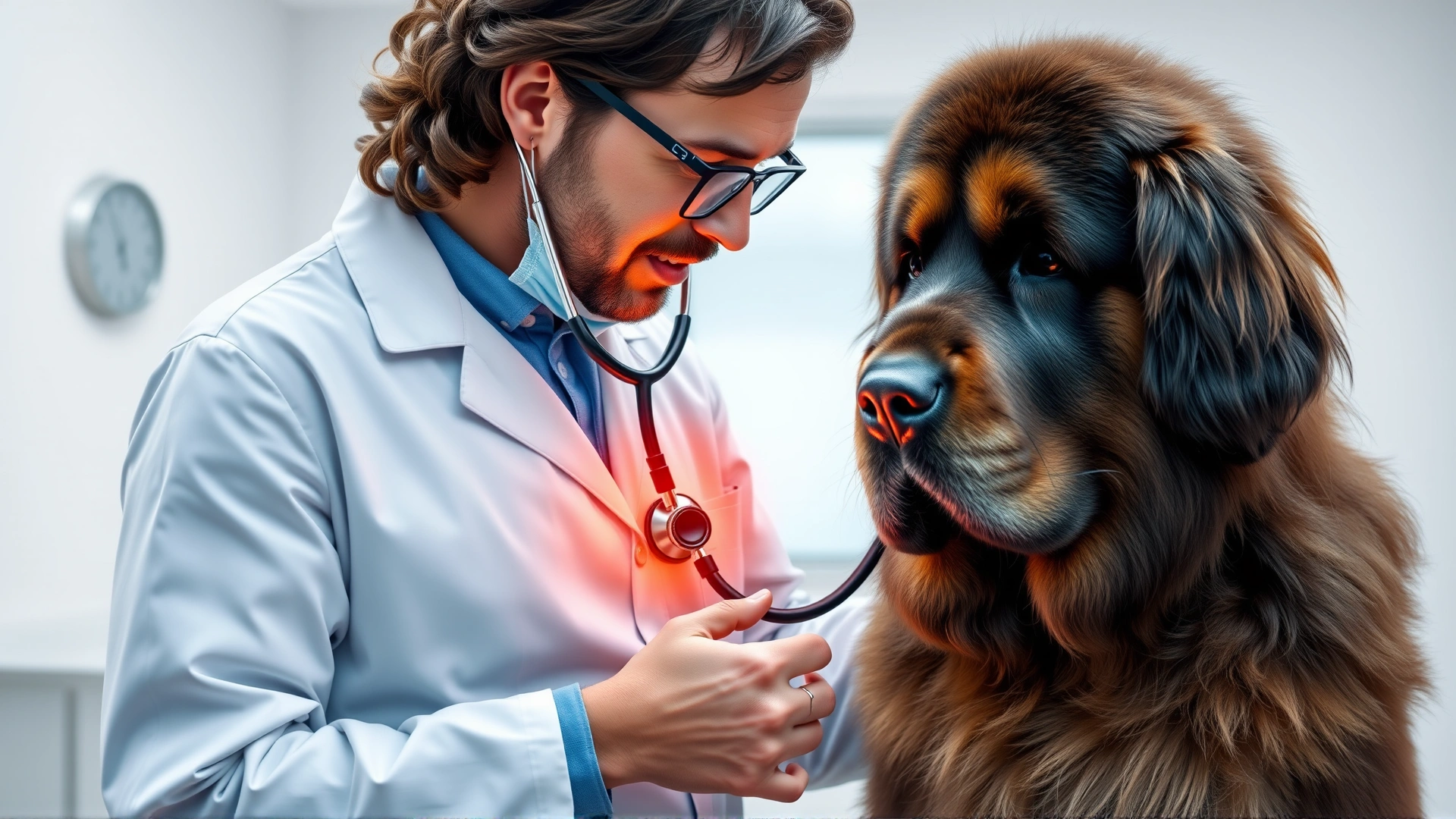 Veterinarian examining a Newfoundland dog's heart with a stethoscope in a modern clinic setting.