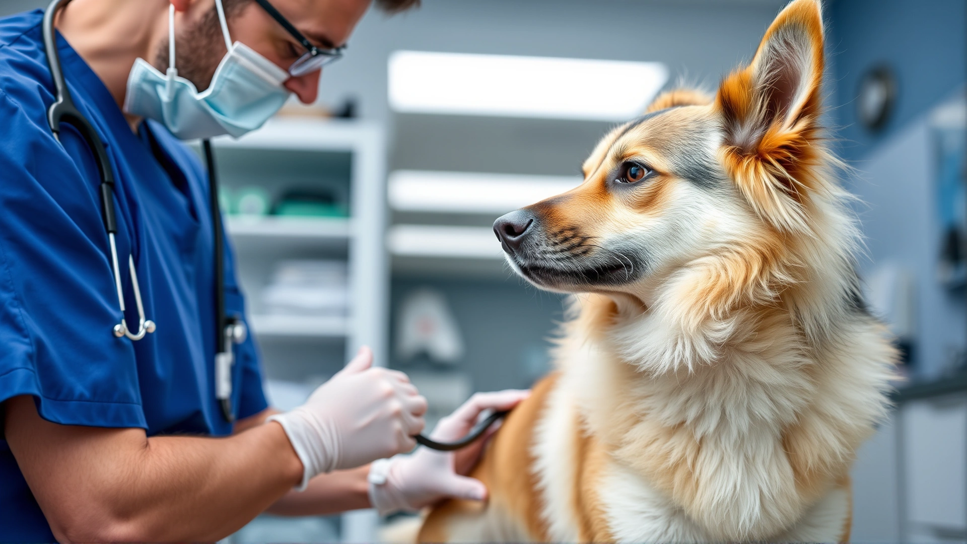 Veterinarian examining a Norwegian Lundehund in a modern clinic, focus on abdominal area, caring atmosphere