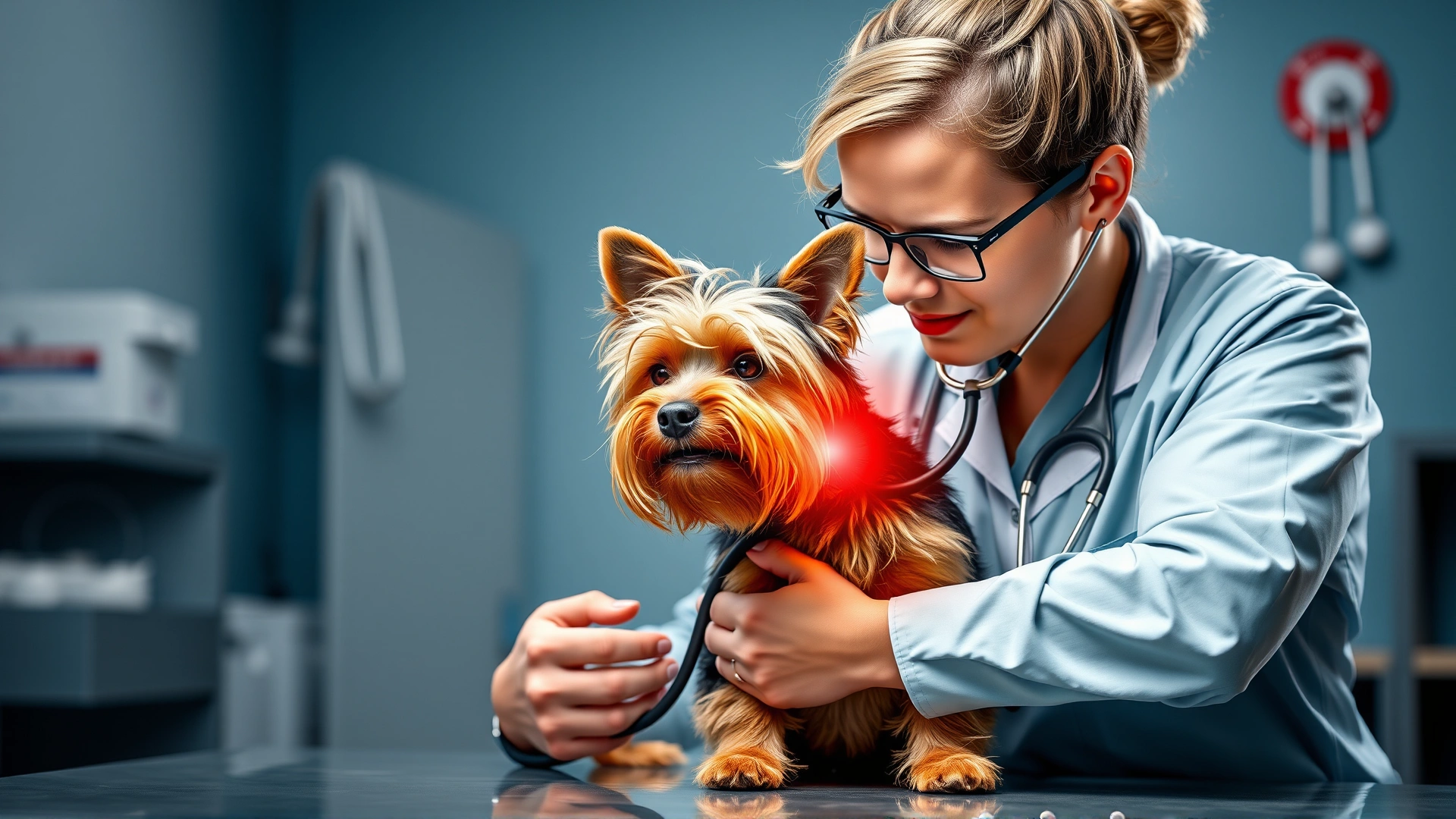 Veterinarian using a stethoscope to examine the heart of a Norwich Terrier in a modern vet clinic