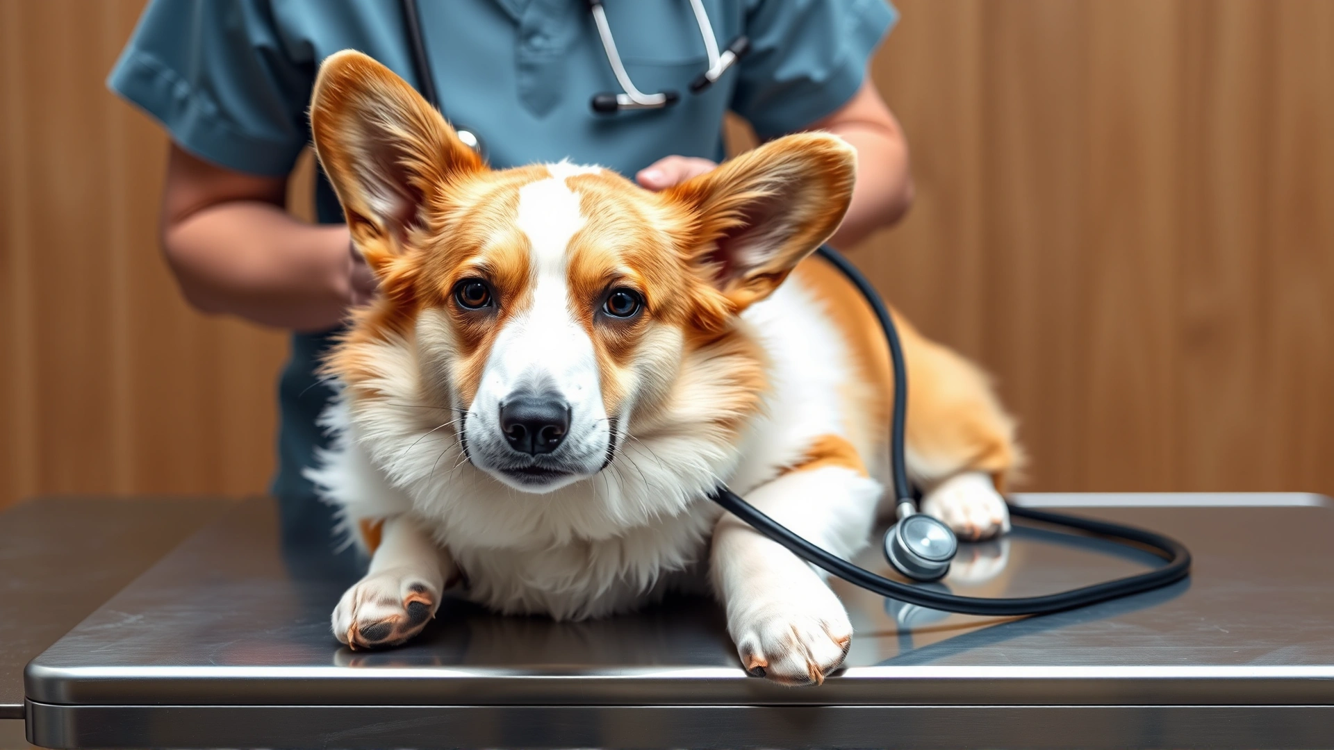Veterinarian examining a calm Pembroke Welsh Corgi on a stainless-steel clinic table with a stethoscope on the dog’s chest.