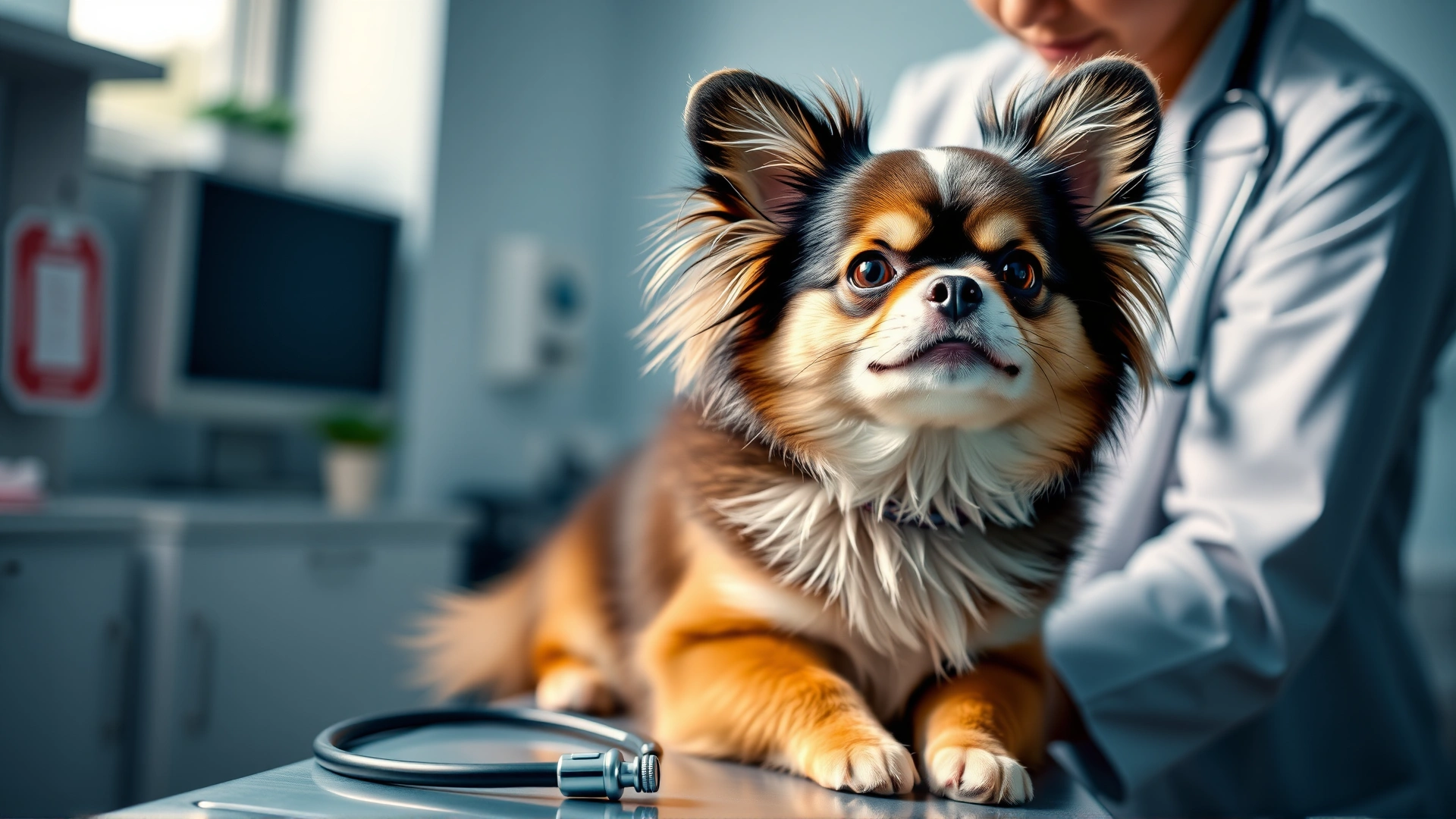 Veterinarian examining a calm Pomchi on an exam table with a stethoscope visible in a bright clinic