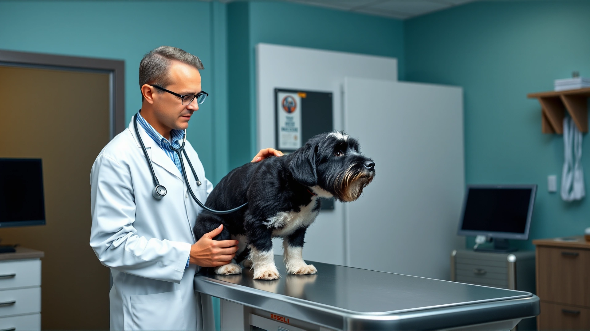 Veterinarian in a modern clinic using a stethoscope to examine a Portuguese Water Dog on an exam table