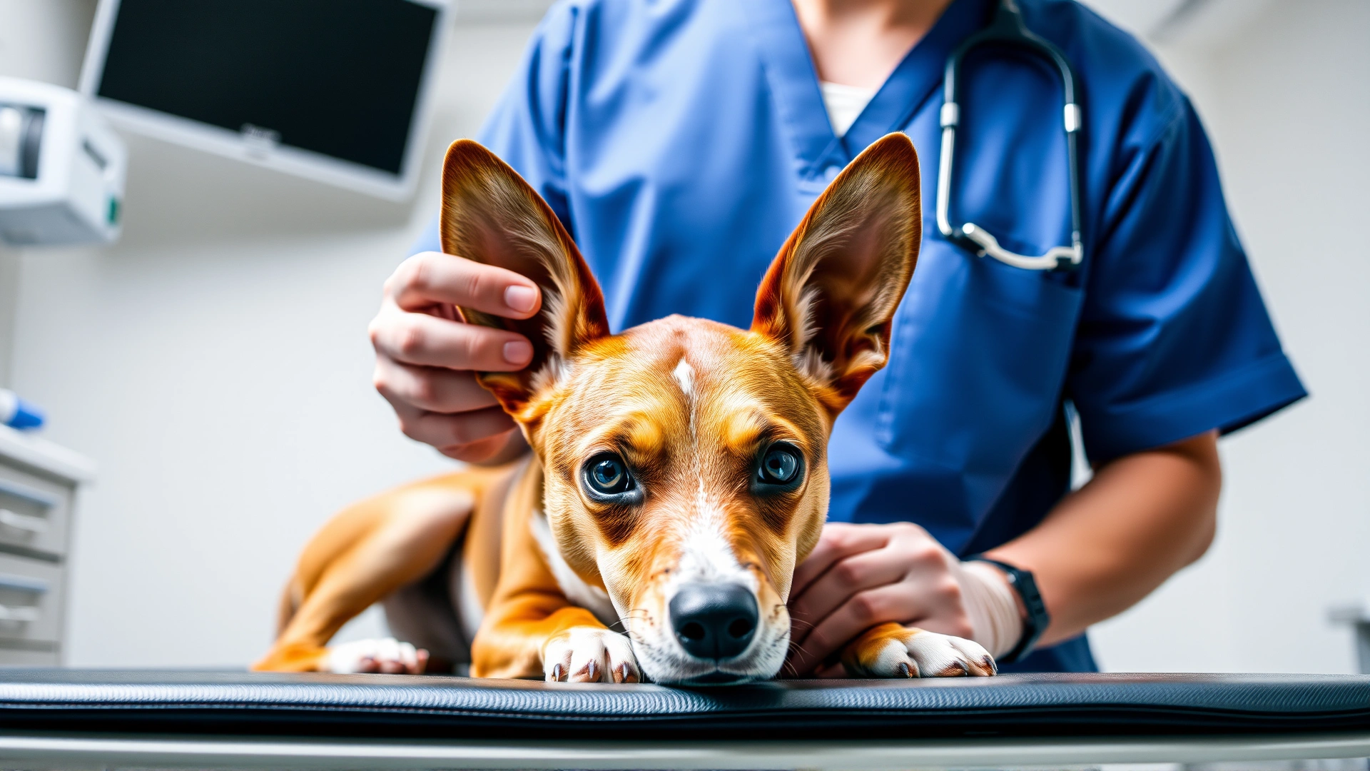 A veterinarian in scrubs gently examining a Basenji's eyes and ears on an exam table in a modern clinic.