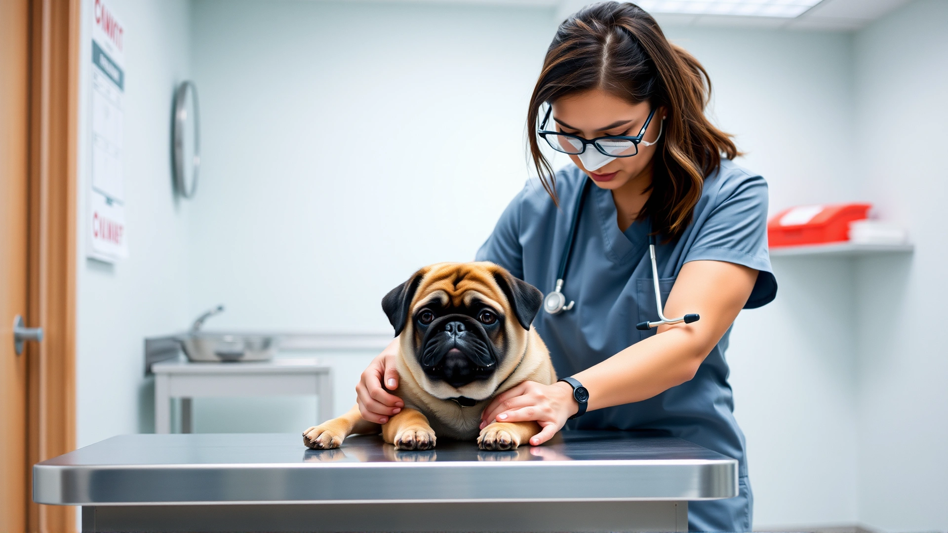 Veterinarian wearing scrubs examining a Puggle on a stainless steel table with a stethoscope in a bright exam room.