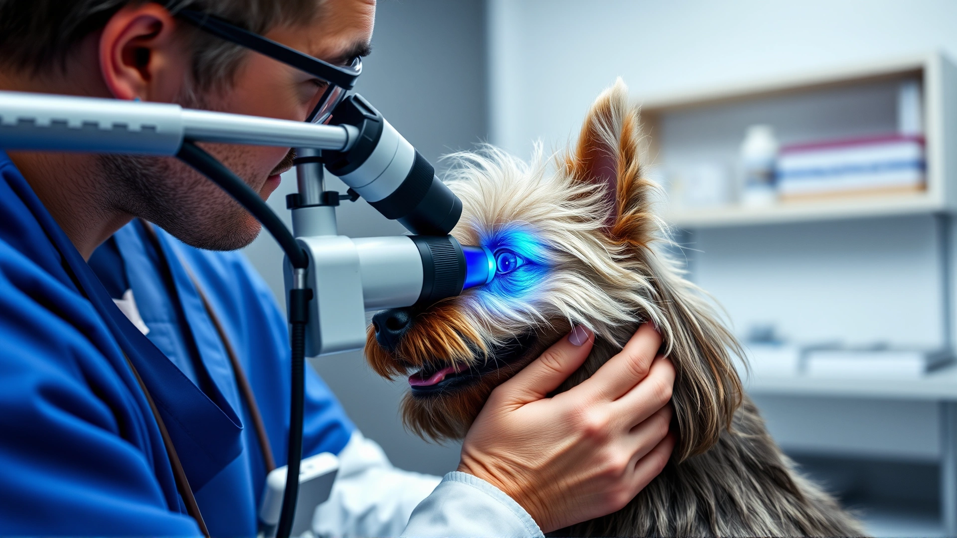 Veterinarian using an ophthalmoscope to examine a Puli dog's eyes in a modern clinic.