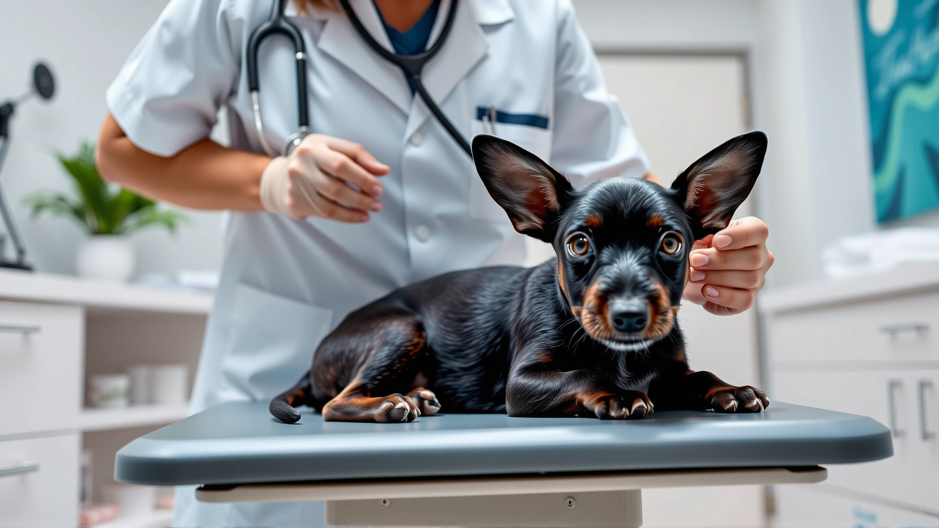 Veterinarian examining a calm Rat Terrier on an exam table with stethoscope in a modern clinic.