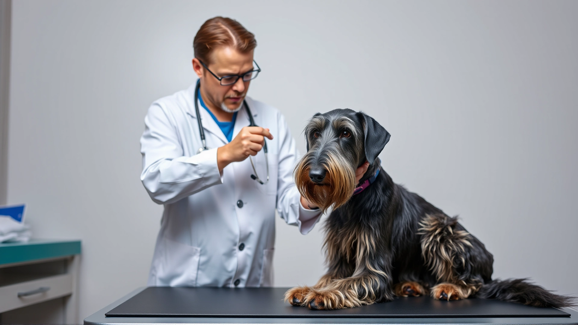 Veterinarian examining a Scottish Deerhound on an examination table.