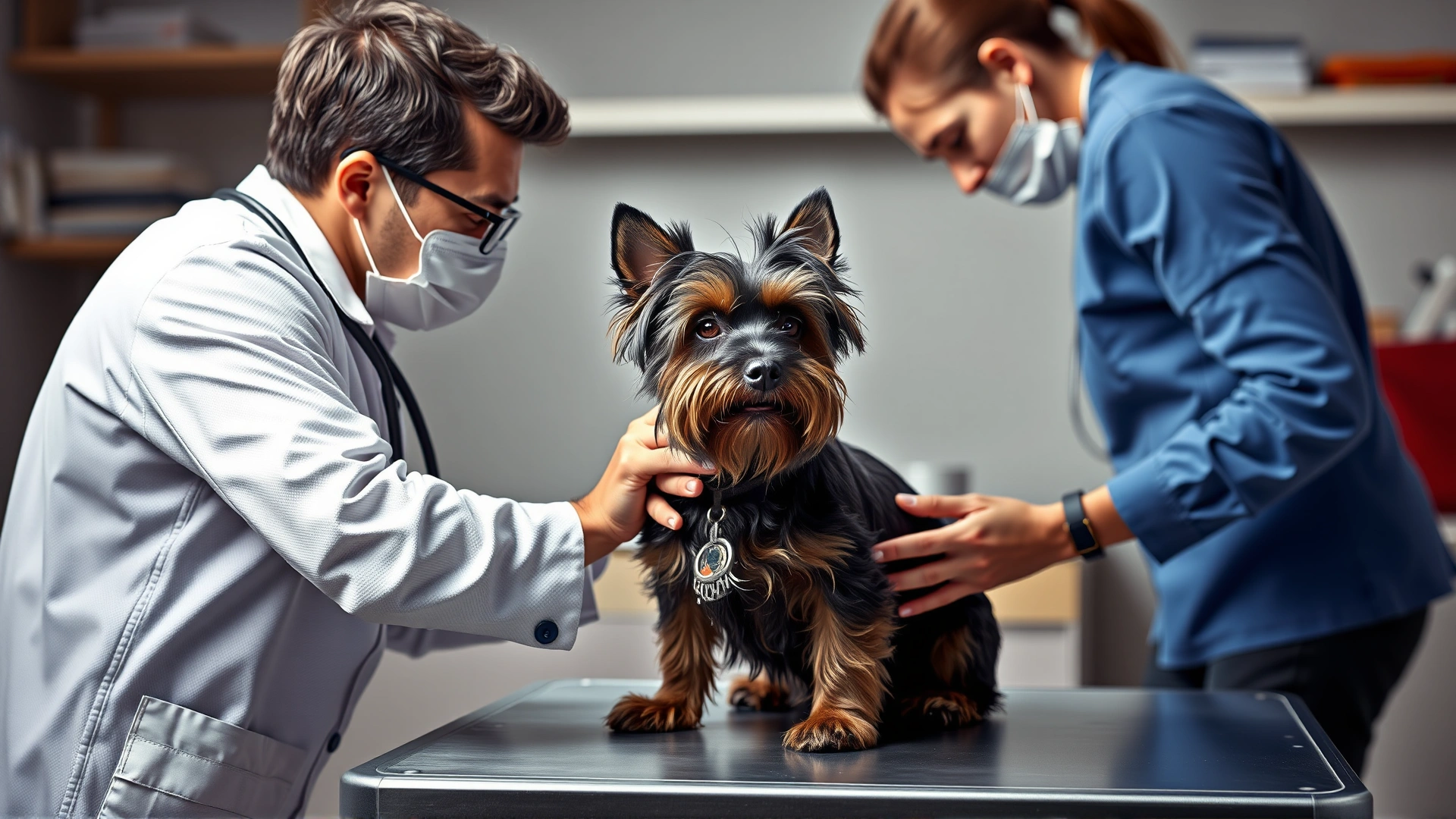 Veterinarian performing a routine health check on a Scottish Terrier on an examination table while the owner stands by