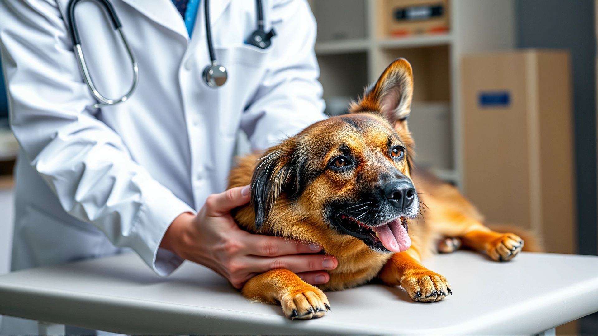 Veterinarian gently examining a relaxed Sheprador on an examination table, representing routine health check.