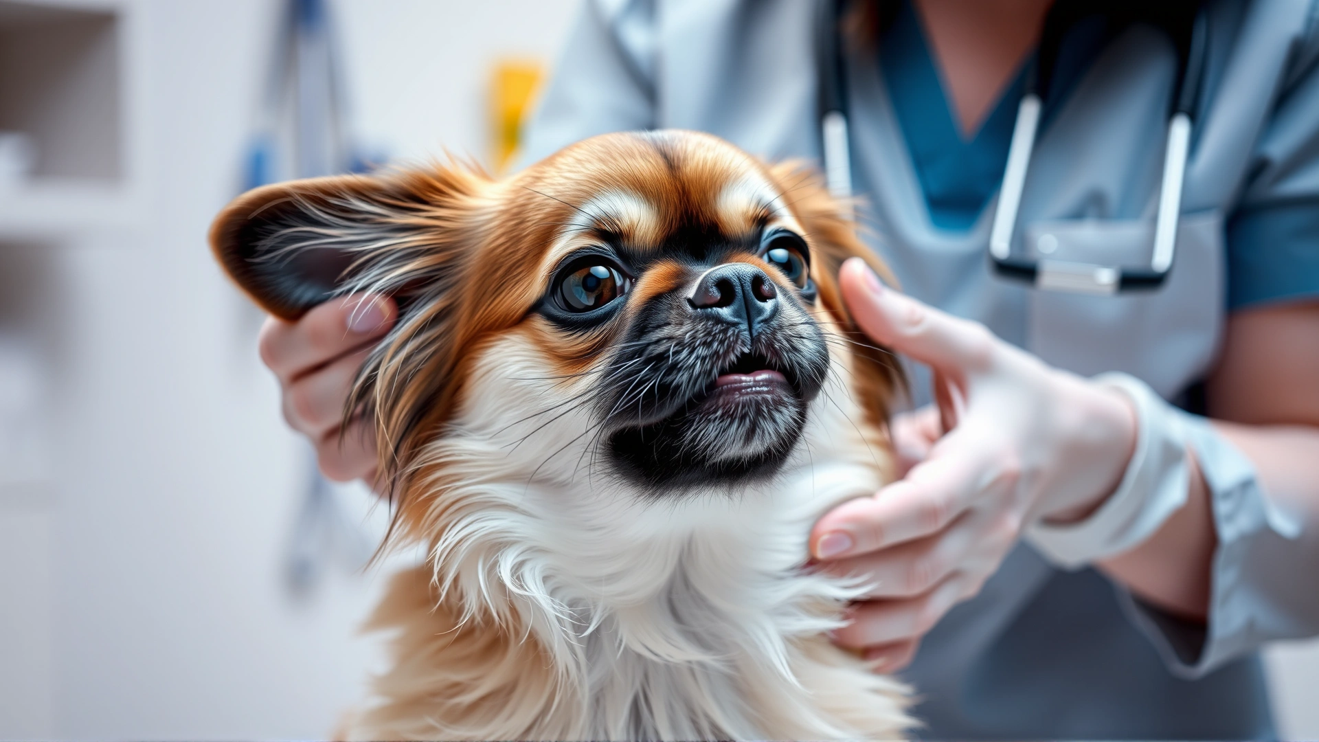 Veterinarian gently examining a Shichon dog's ears in a clinic setting.