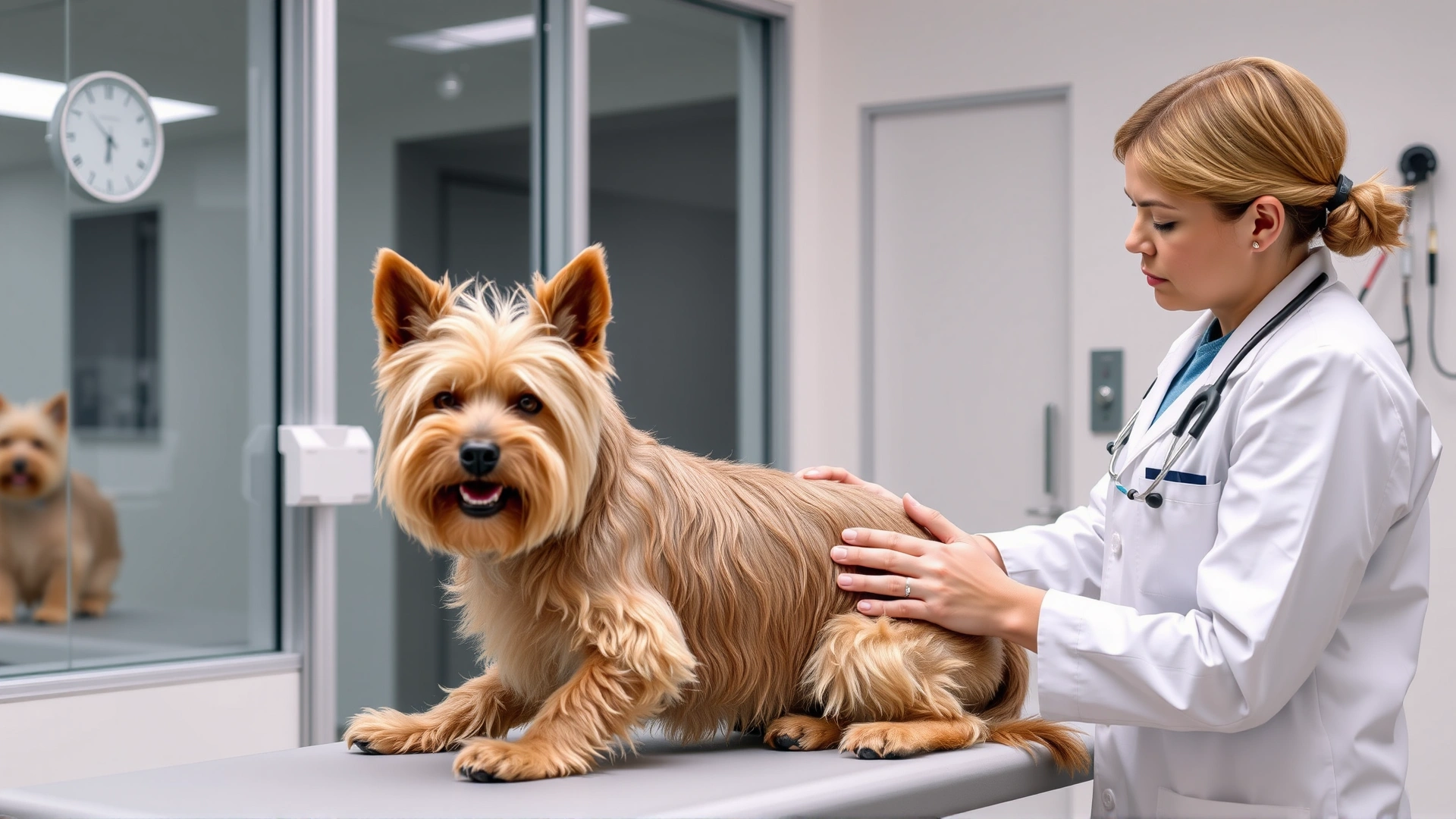 Veterinarian examining a Soft Coated Wheaten Terrier on an exam table in a modern clinic