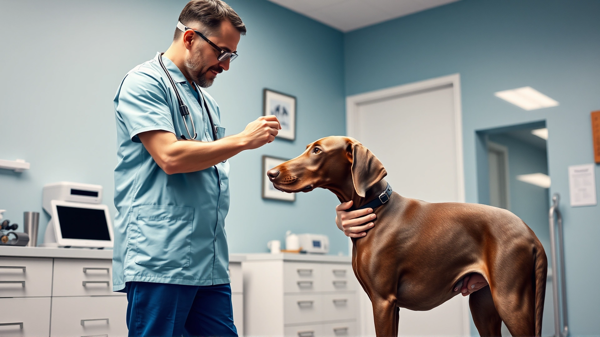 Veterinarian in a modern clinic performing a routine physical exam on a standing Weimaraner, both looking relaxed and professional.