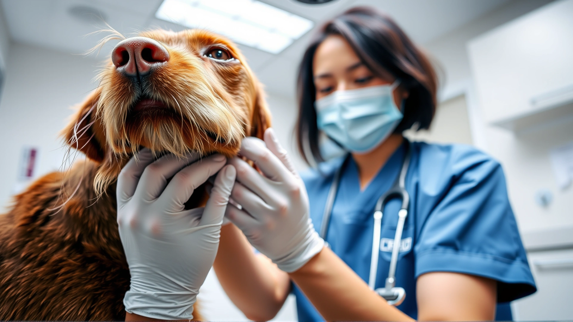 Veterinarian examining the ear of a Wirehaired Vizsla in a modern clinic, close-up on dog and vet hands, clean medical environment.