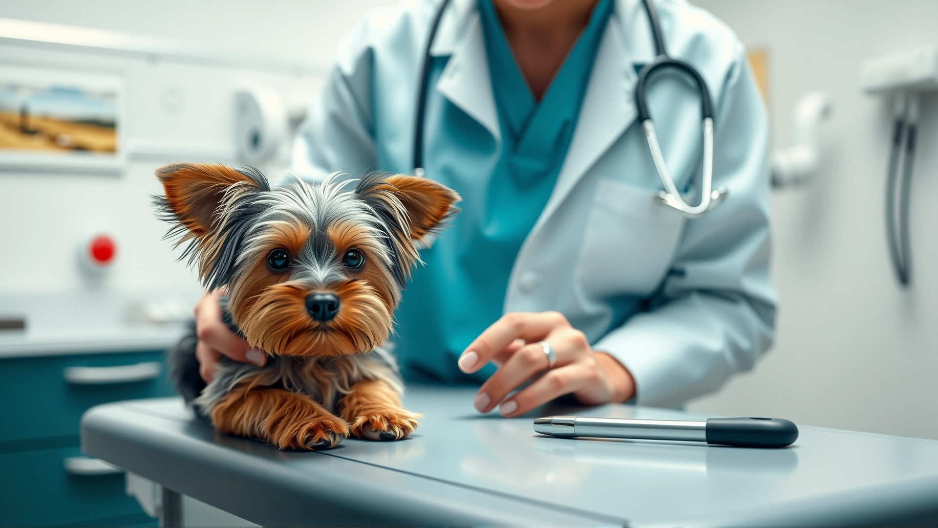 Veterinarian examining a small Yorkiepoo on an examination table, medical clinic background