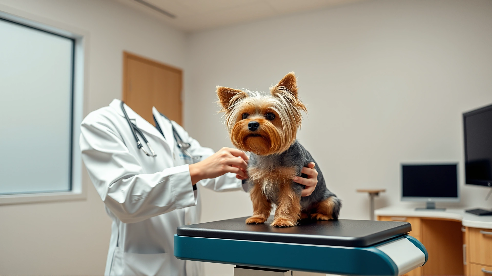 Veterinarian wearing a white coat examining a Yorkshire Terrier on an exam table in a modern vet clinic.