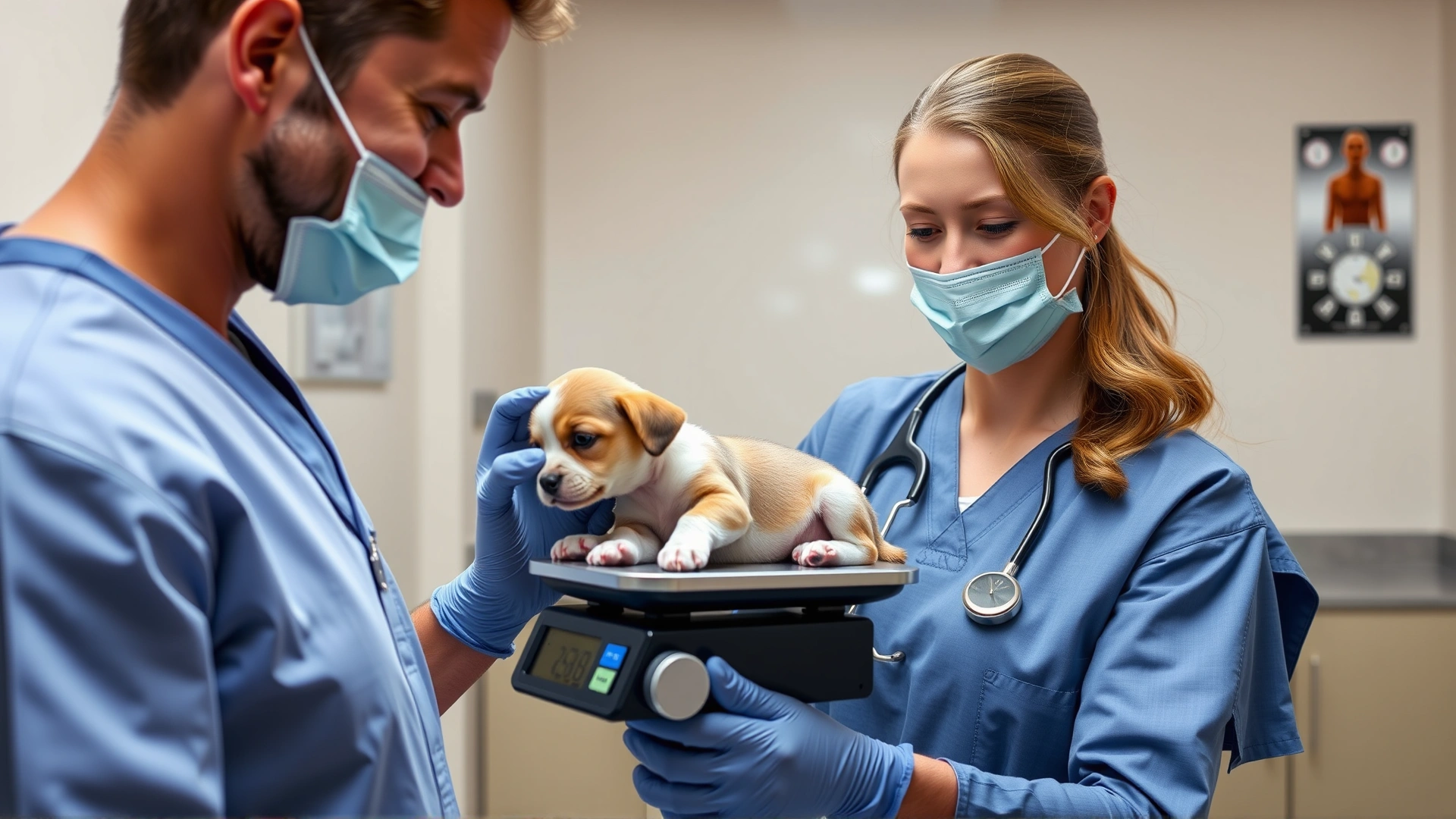 Veterinarian weighing a newborn puppy on a small digital scale in a bright clinic room, with the vet wearing gloves and smiling