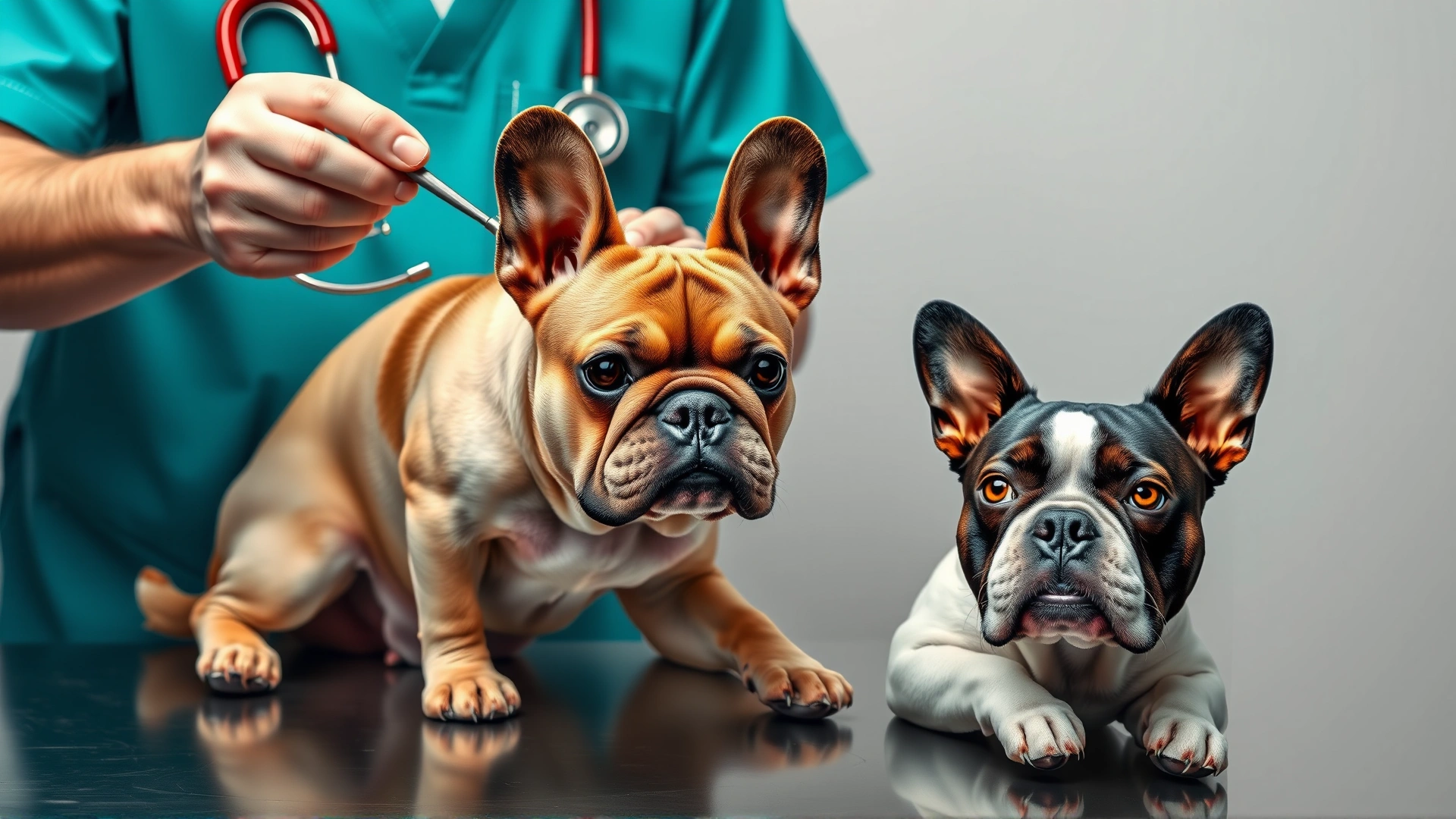 Veterinarian examining a French Bulldog on a table while a Boston Terrier waits nearby, both wearing gentle expressions.