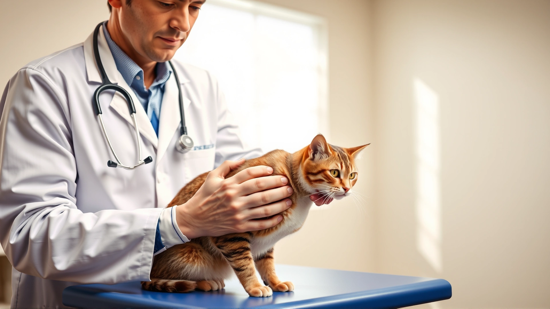 Veterinarian wearing a white coat performing a health examination on a senior domestic short-haired cat on an exam table in a bright clinic.