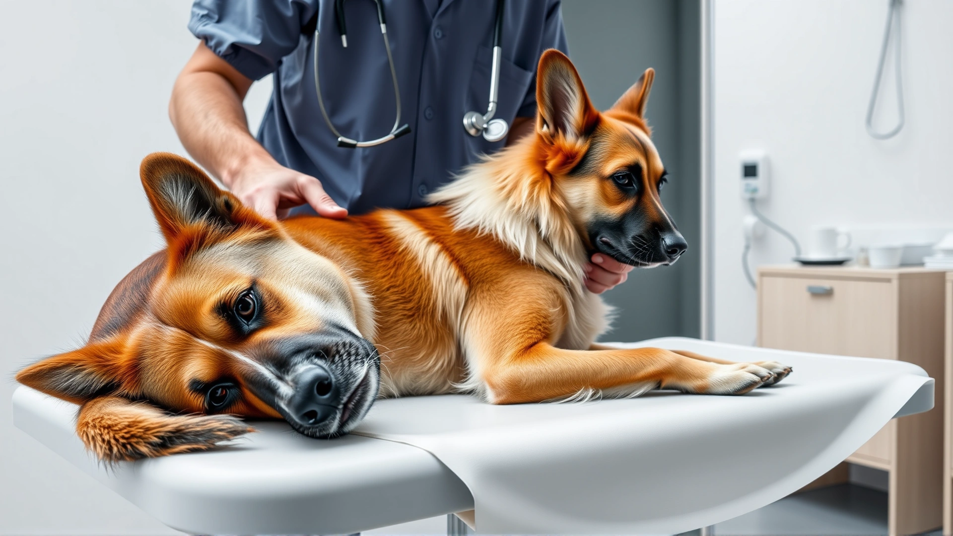 Veterinarian examining a relaxed Berger Picard on an exam table in a modern clinic, stethoscope and gentle handling visible