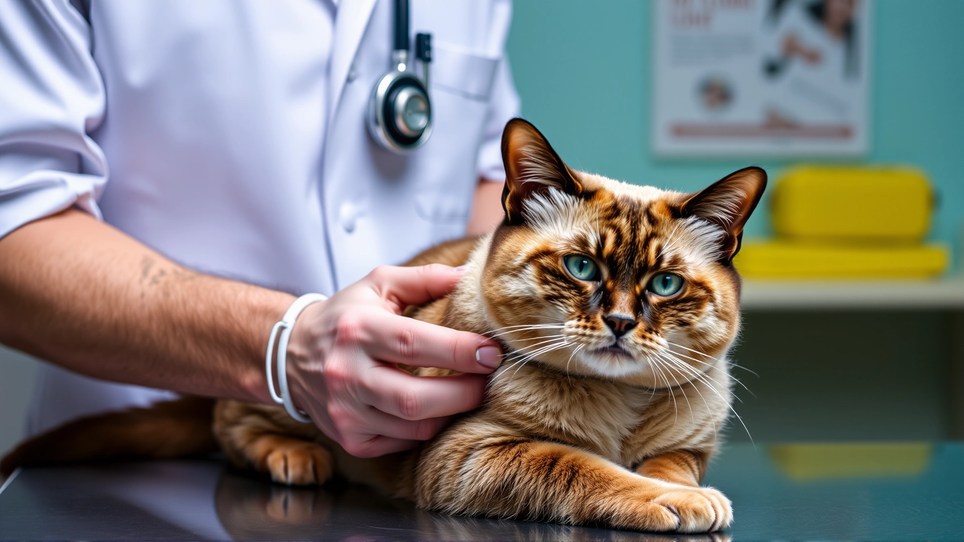 Veterinarian examining a calm Burmese cat on a clinic table with a stethoscope