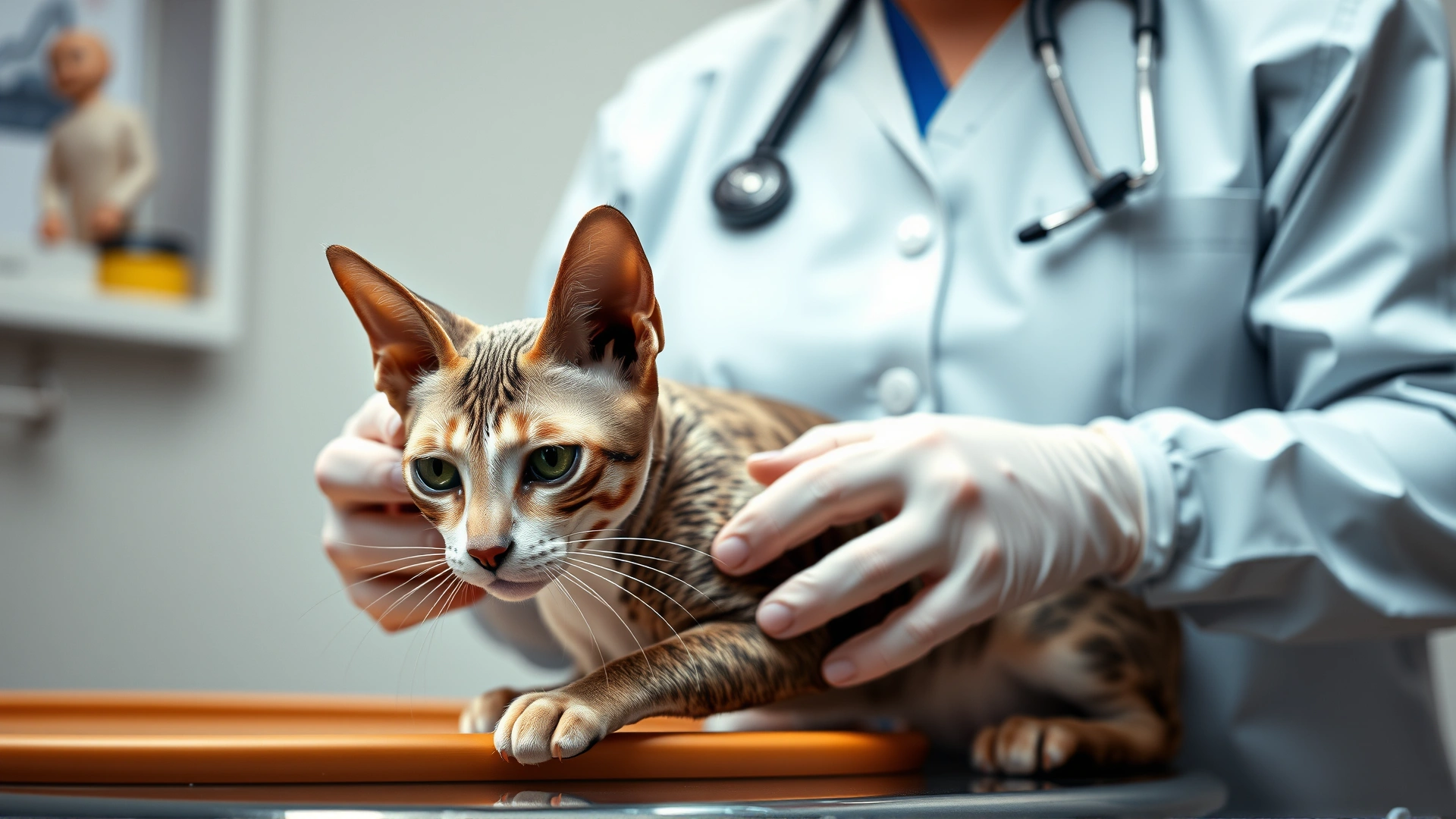 Veterinarian performing a routine check-up on a calm Cornish Rex cat on an examination table
