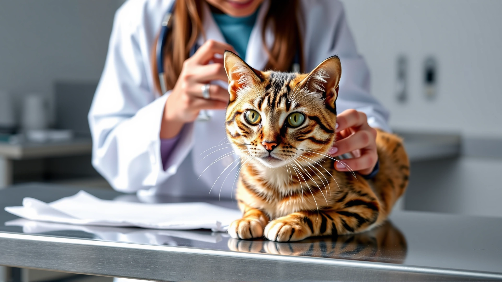 Veterinarian wearing white coat examining an Egyptian Mau cat on a stainless vet table, clinic background, bright clean lighting.