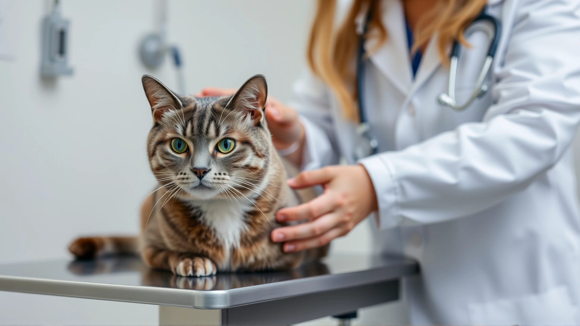 Veterinarian examining a calm European Shorthair cat on a clinic table, stethoscope visible, clean veterinary office setting