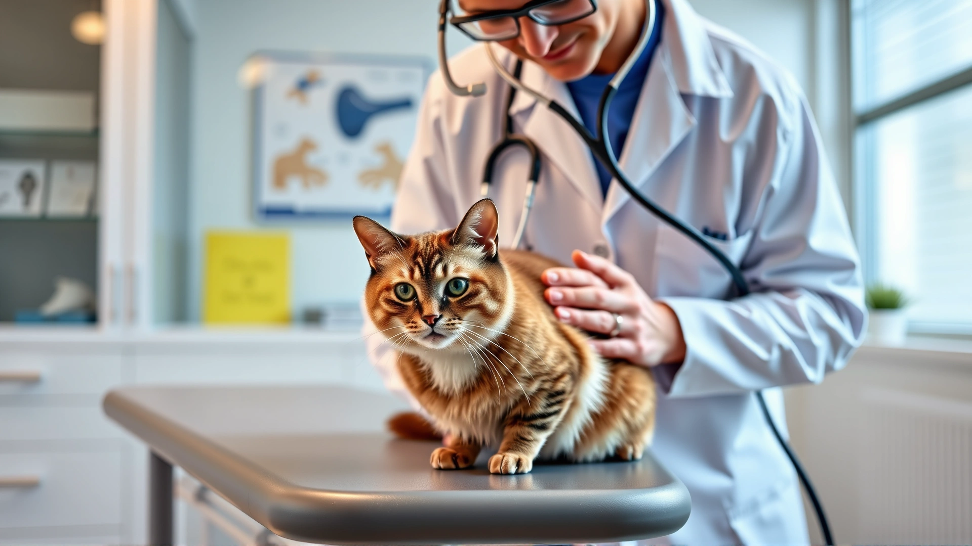 Veterinarian using a stethoscope to examine an Oriental Shorthair cat on an examination table in a modern vet clinic