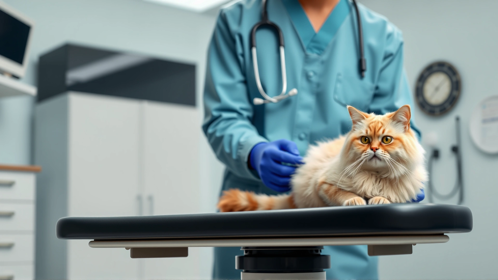 Veterinarian in a modern clinic examining a cream colored Persian cat on an exam table, stethoscope visible.