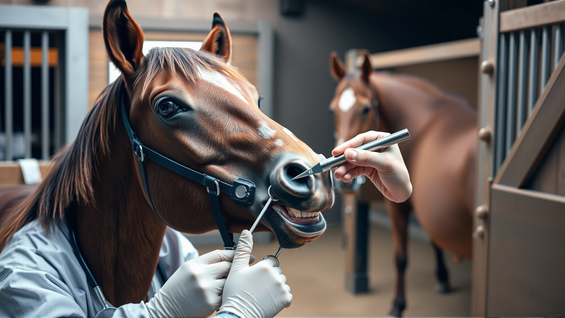 Equine veterinarian examining a Falabella's teeth using a speculum inside a barn, demonstrating routine health care