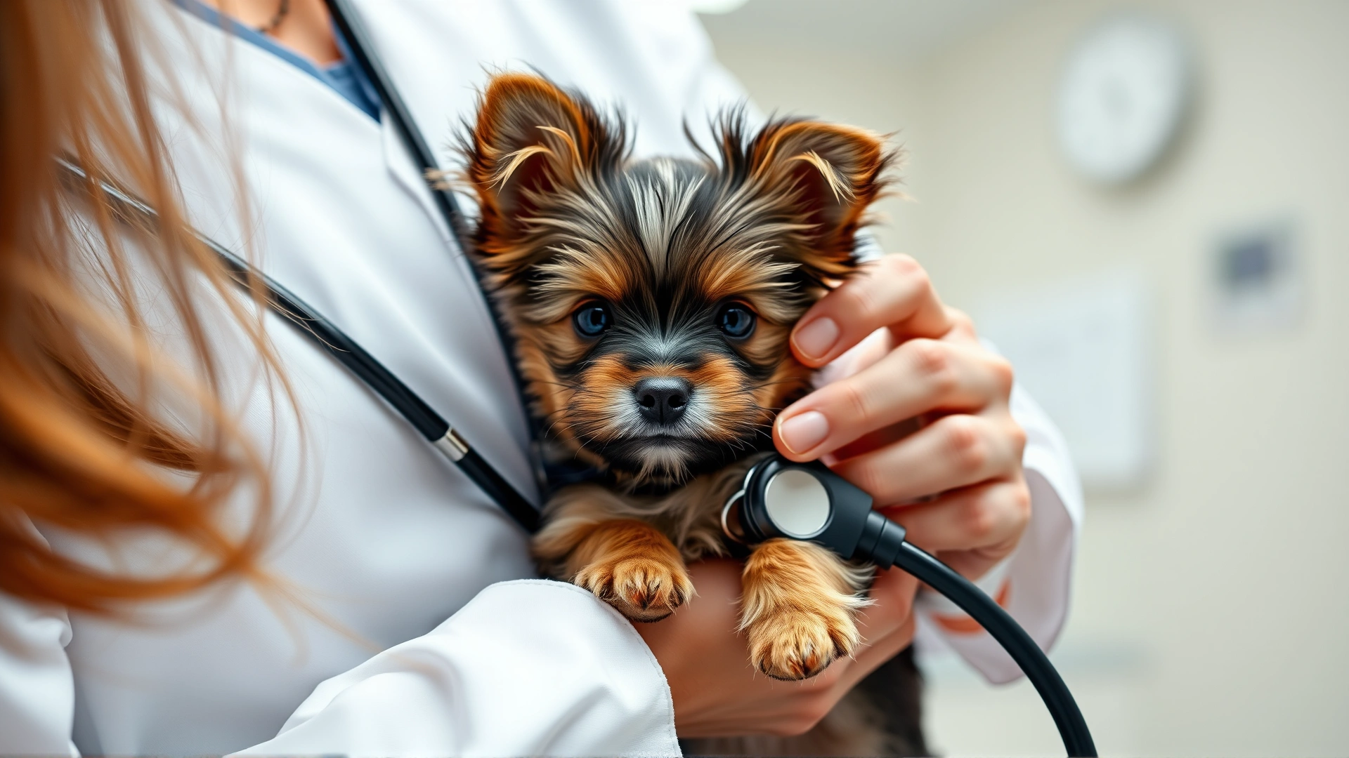 Veterinarian gently holding a teacup Yorkie puppy while listening to its heartbeat with a stethoscope in a bright clinic setting.