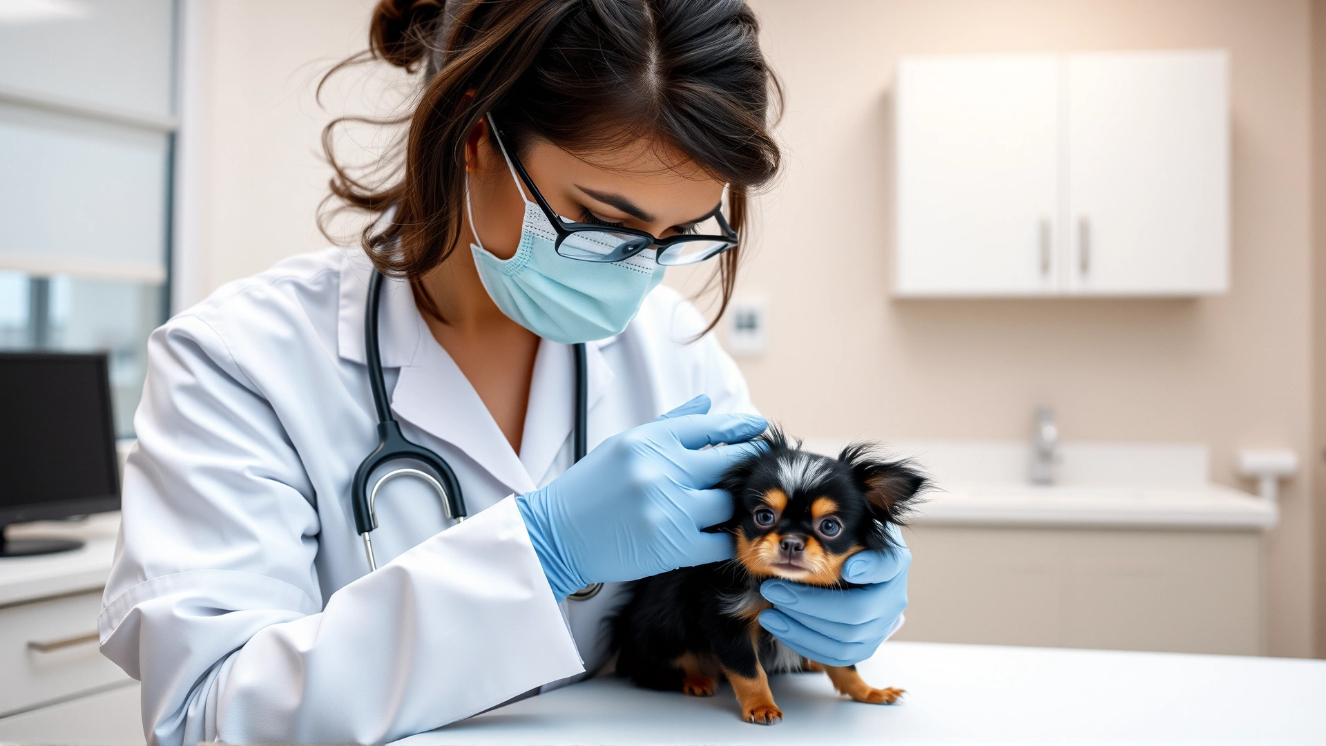 Veterinarian performing a routine health check on an Affenpinscher in a modern clinic exam room.