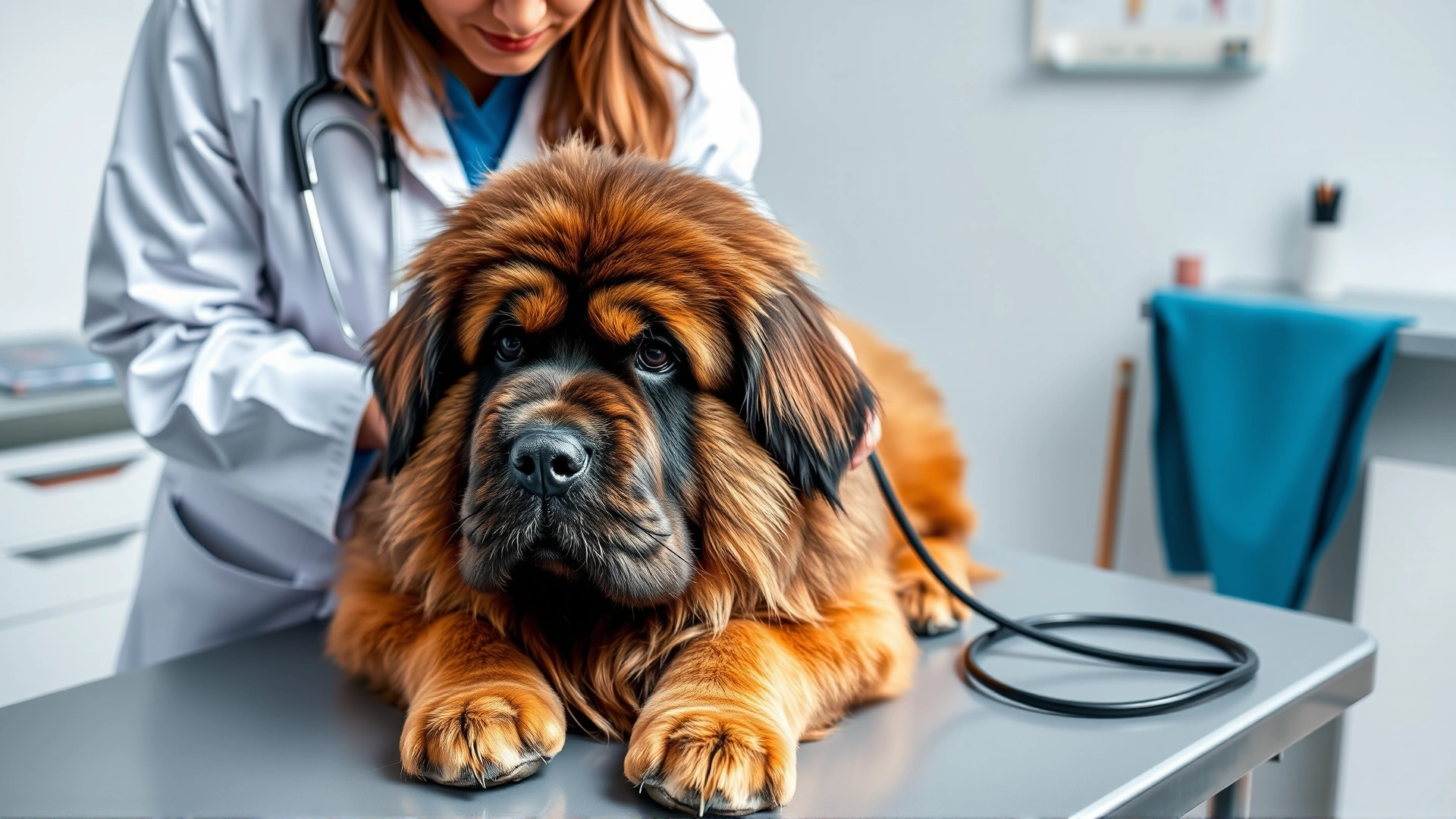 Veterinarian examining a Tibetan Mastiff on a clinic table with a stethoscope visible, depicting responsible pet care.