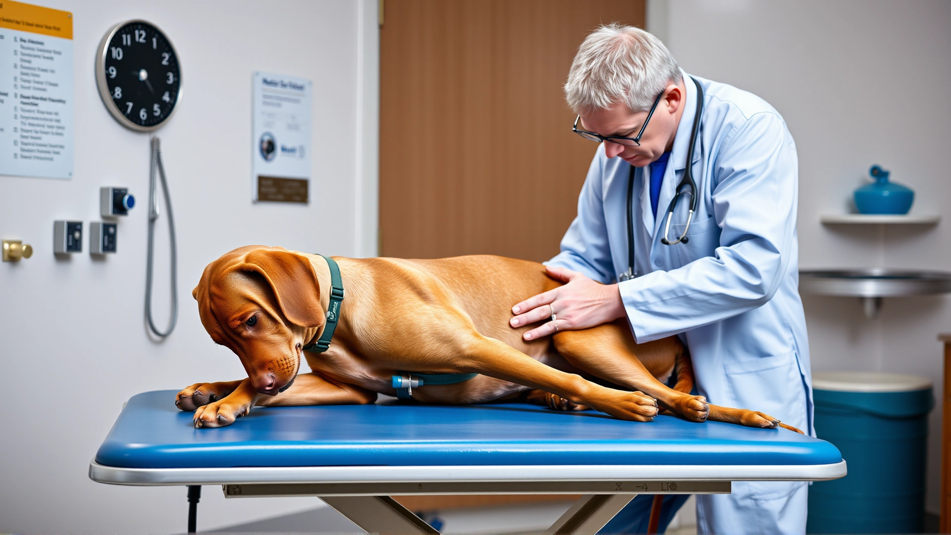 Veterinarian examining a calm adult Vizsla on an exam table in a bright clinic